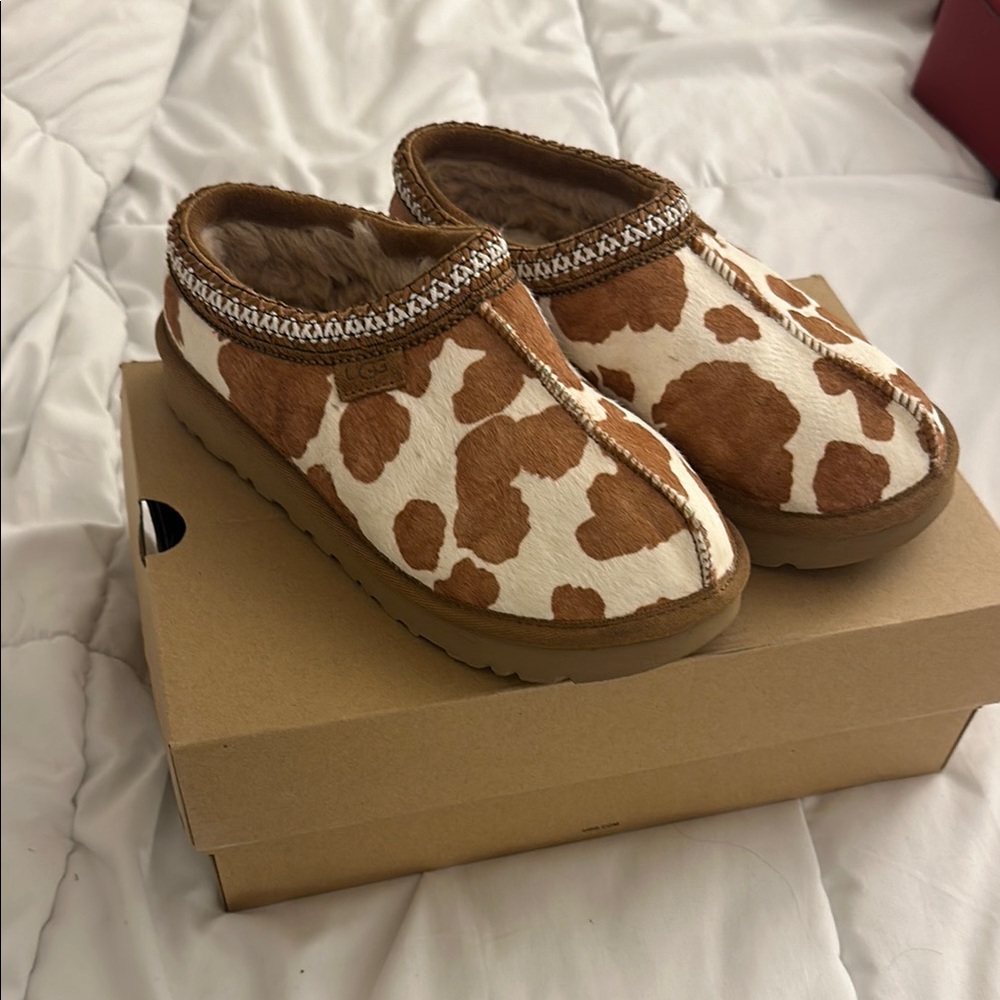 UGG Brown and White Cow Print Tasman Slippers